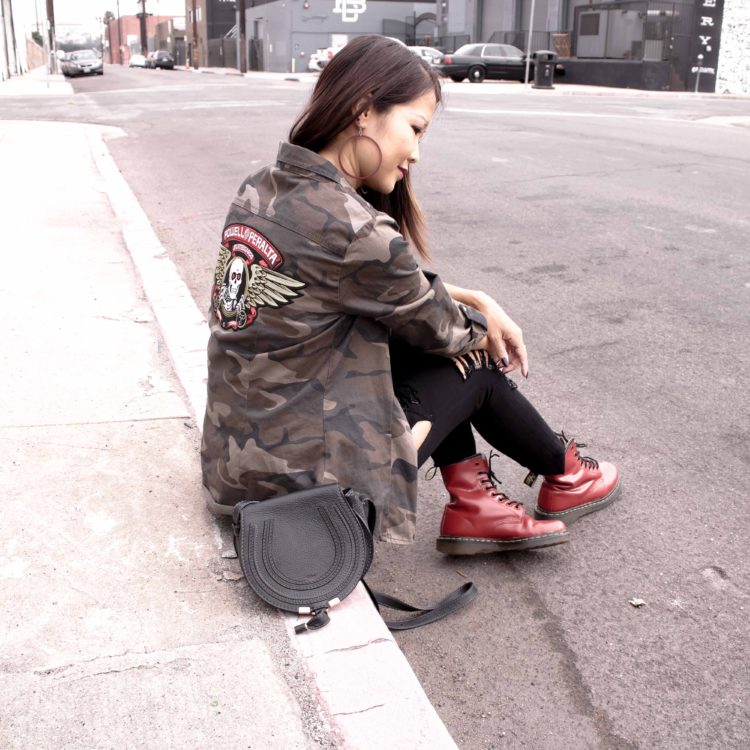 camo and red doc martens outfit